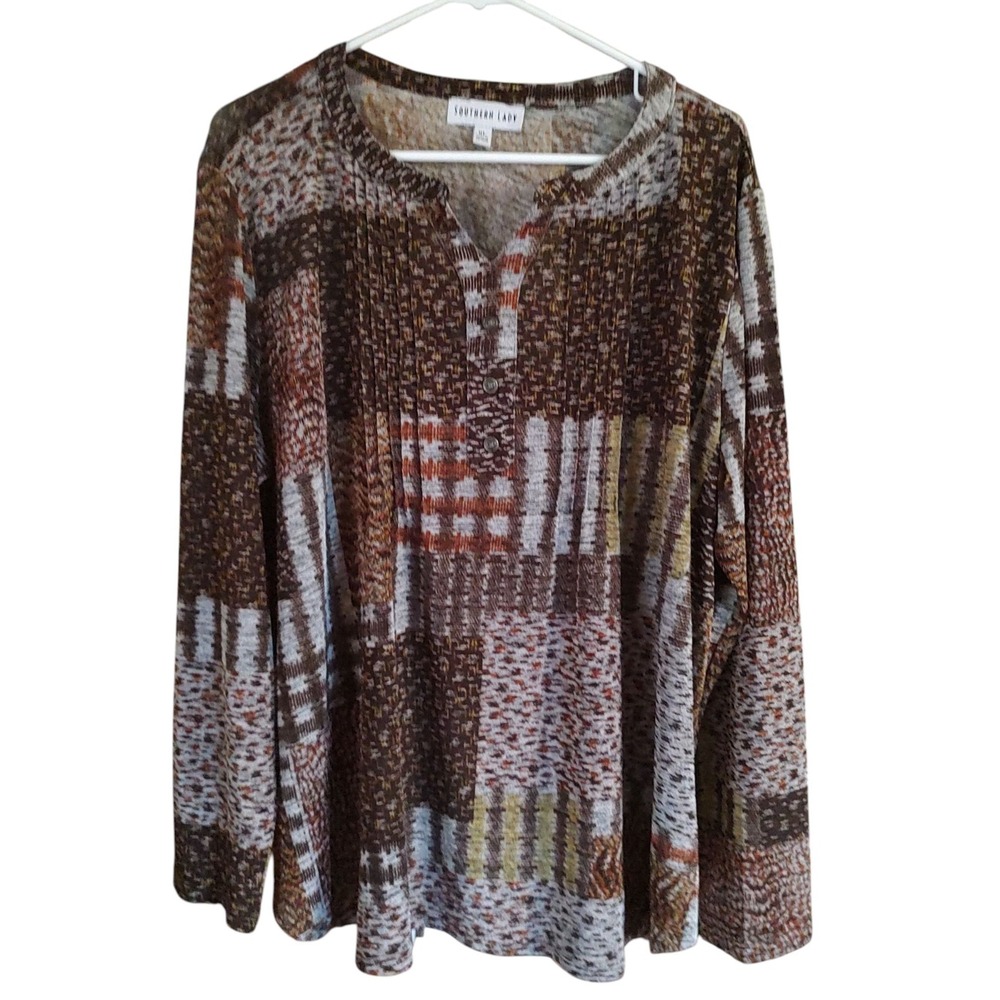 Southern Lady Blouse‎ Tunic Brown Pullover Patchwork Pattern Womens Extra Large